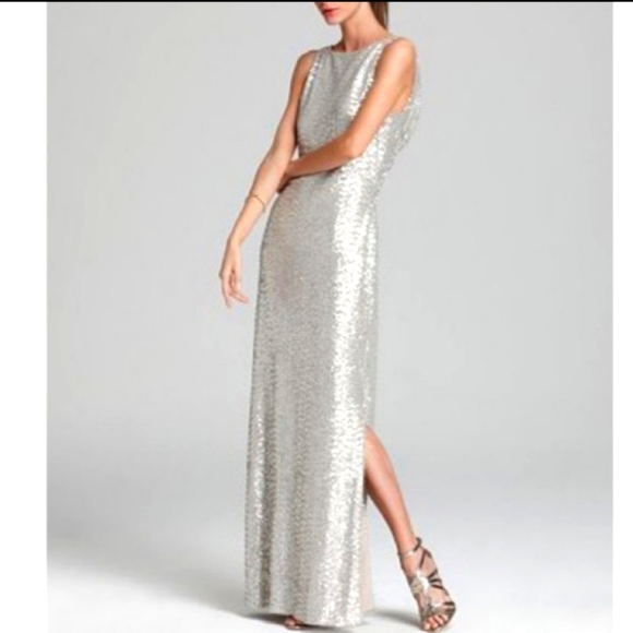 LAUREN Ralph Lauren Silver Sequin Evening Gown - Picture 1 of 7